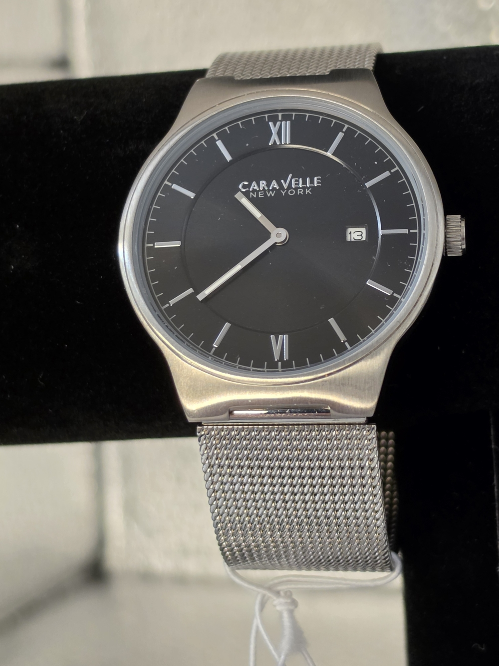 Caravelle New York Men's Silver Mesh Watch with Black Dial